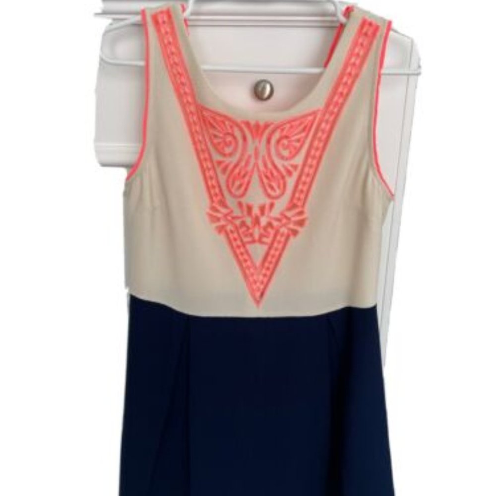 Womens Sleeveless Dress Navy Ivory with Neon Embellishment - Size L